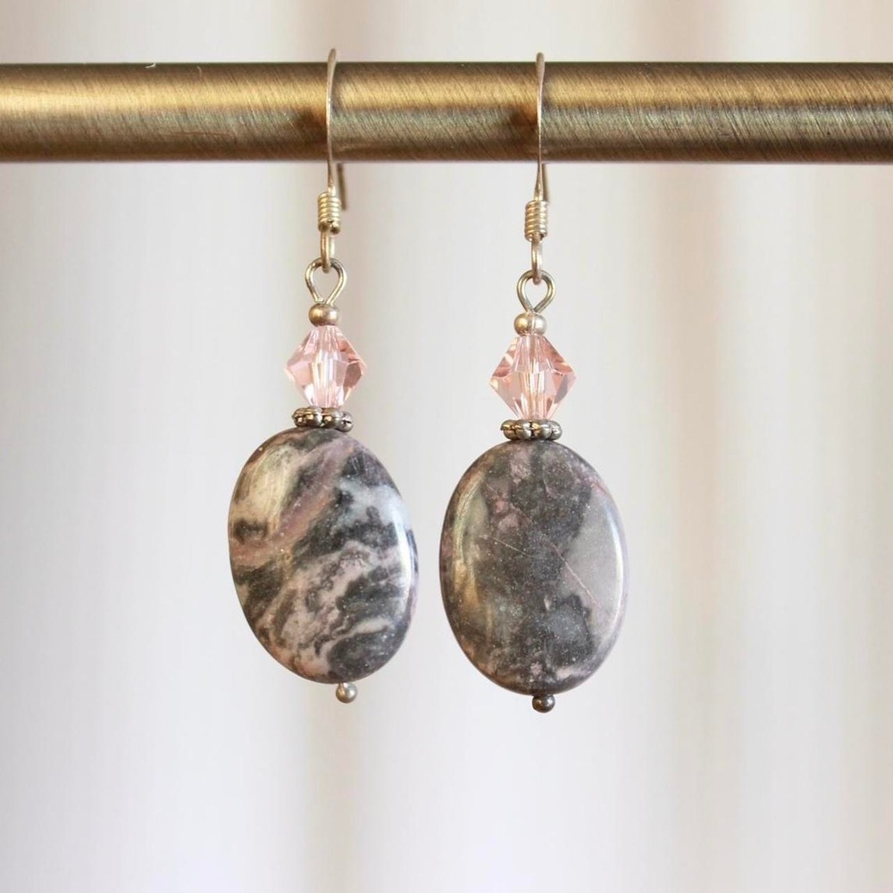 Handmade Rhodonite Oval Gemstone Dangle‎ Earrings Boho Bohemian Cottage Fairy
